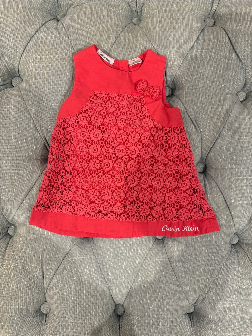 Calvin Klein Coral Lace Dress with Bow Accent